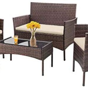 Patio Furniture Set 4 Piece Outdoor Wicker Sofas Rattan Chair Wicker Conversation Set Coffee Table Bistro Sets for Pool Backyard Lawn (Brown)
