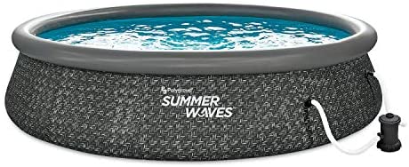 Summer Waves P1A01436E 14 Foot x 3 Foot Quick Set Ring Above Ground Outdoor Swimming Pool with RX600 GFCI Filter Pump and Ladder, Dark Wicker