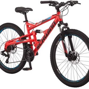 Schwinn Protocol 1.0 Mens and Womesn Mountain Bike, 26-Inch Wheels, 24-Speed Drivetrain, Lightweight Aluminum Frame, Full Suspension, Red/Blue