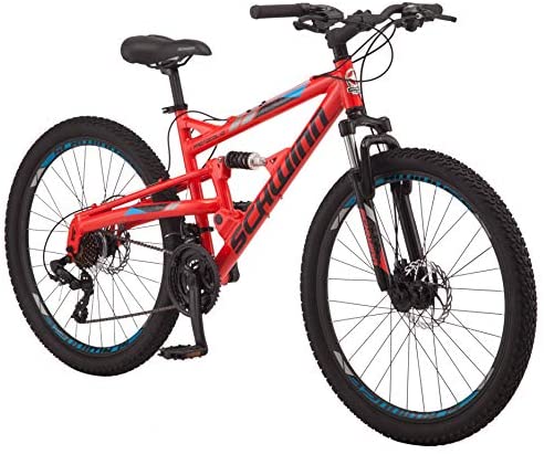 Schwinn Protocol 1.0 Mens and Womesn Mountain Bike, 26-Inch Wheels, 24-Speed Drivetrain, Lightweight Aluminum Frame, Full Suspension, Red/Blue