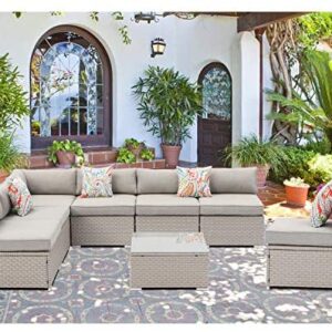 SUNBURY Outdoor Sectional 8-Piece Wicker Sofa in Pearl Gray, w 7 Pillows in Psychedelic Colors Elegant Patio Furniture Chair and Table Set for Backyard Garden Porch