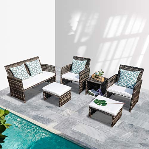 OC Orange-Casual Patio Furniture Wicker Conversation Set Pillows Included, Outdoor Loveseat Chairs with Ottomans, White Cushions, Gray Wicker 6 Pieces