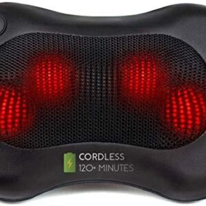 Zyllion Shiatsu Back & Neck Massager – Cordless Rechargeable Kneading Body Massage Pillow with Heat – Black (ZMA-13RB-BK)