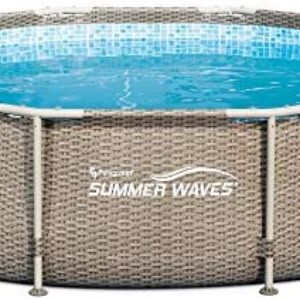 Summer Waves P20010305 10ft x 30in Frame Above Ground Swimming Pool with Exterior Wicker Print in Tan with SFS350 Skimmer and Filter Pump