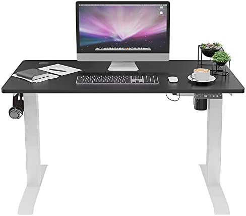 Shintenchi Electric Standing Desk, 48 x 24 Inch Height Adjustable Sit Stand Desk Morder Home Office Stand Up Desk Computer Work Station with Splice Board, (White Frame + Black Top)