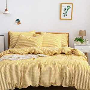 JELLYMONI 100% Natural Cotton 3pcs Striped Duvet Cover Sets,White Duvet Cover with Yellow Stripes Pattern Printed Comforter Cover,with Zipper Closure & Corner Ties(Queen Size)