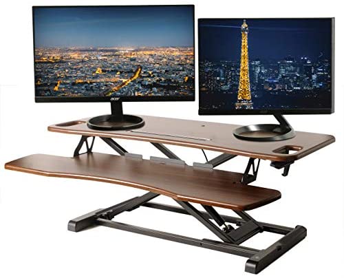 TechOrbits Standing Desk 37″ Stand Up Desk Converter Wood Brown Tabletop Sit Stand Desk Fits Dual Monitors Two Tiered Height Adjustable Workstation