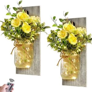 Wall Decor Mason Jar Sconces – Rustic Farmhouse Home Decor with Remote Control Wall Lights and Yellow Rose for Bedroom Wall Decor Living Room Kitchen Decorations Set of Two