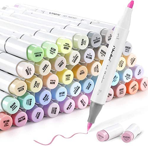 Ohuhu Pastel Markers, Ohuhu 48 Colors Alcohol Brush Markers Double Tipped Brush & Chisel Sketch Marker, Artist Art Markers Adults’ Coloring Illustration, 1 Colorless Alcohol Markers Blender Included