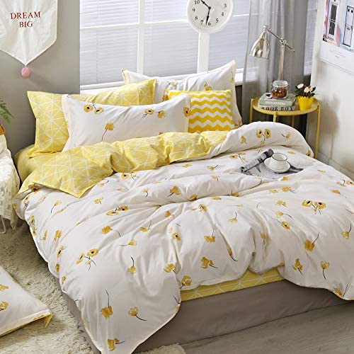 Yellow Flowers Bedding Yellow White Duvet Cover Set Lucky Clover and Yellow Plaid Reversible Design Luxury Yellow Bedding Sets Twin 1 Duvet Cover 1 Pillowcase (Twin, Yellow) - Image 2