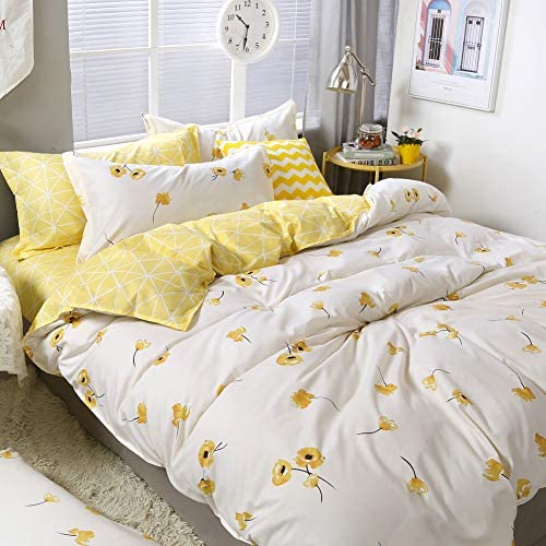 Yellow Flowers Bedding Yellow White Duvet Cover Set Lucky Clover and Yellow Plaid Reversible Design Luxury Yellow Bedding Sets Twin 1 Duvet Cover 1 Pillowcase (Twin, Yellow) - Image 4