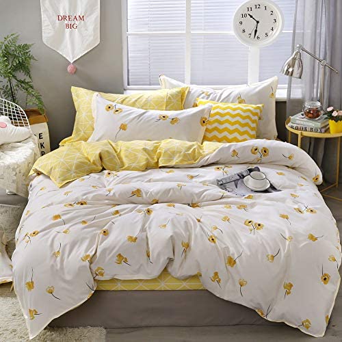 Yellow Flowers Bedding Yellow White Duvet Cover Set Lucky Clover and Yellow Plaid Reversible Design Luxury Yellow Bedding Sets Twin 1 Duvet Cover 1 Pillowcase (Twin, Yellow)