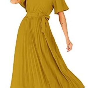 Milumia Women’s Elegant Belted Pleated Flounce Sleeve Long Dress