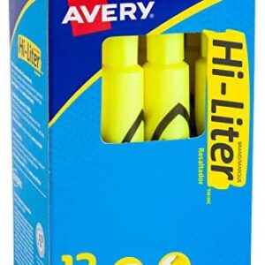 Avery Hi-Liter Desk-Style Highlighters, Smear Safe Ink, Chisel Tip, 12 Fluorescent Yellow Highlighters (24000)
