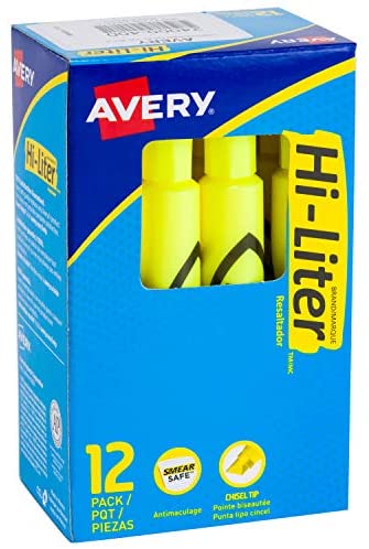 Avery Hi-Liter Desk-Style Highlighters, Smear Safe Ink, Chisel Tip, 12 Fluorescent Yellow Highlighters (24000)