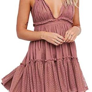 R.Vivimos Womens Summer Halter Deep V Neck Sexy Patchwork Mini Short Dresses