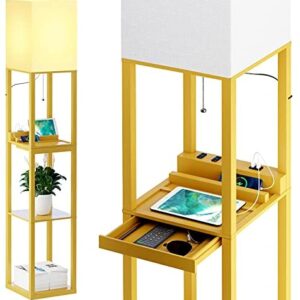 SUNMORY Floor Lamp with Shelves,Modern Dimmable Solid Wood Standing Lamp Both with 1 Drawer and 2 USB Ports & 2 Power Outlet,Corner Tall Bookshelf Lamp for Living Room and Bedroom(Yellow)
