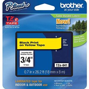 Brother Genuine P-Touch TZE-641 Tape, 3/4″ (0.7″) Standard Laminated P-Touch Tape, Black on Yellow, For Indoor or Outdoor Use, Water-Resistant, 26.2 ft (8 m), Single-Pack