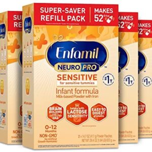Enfamil NeuroPro Sensitive Baby Formula, Brain and Immune Support with DHA, Iron & Prebiotics, Lactose Sensitivity Infant Formula Inspired by Breast Milk, Non-GMO, Powder Refill Box 29.4 Oz, Pack of 4