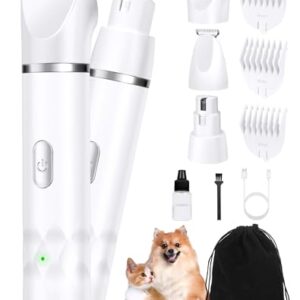 3 in 1 Small Dog Grooming Kit, 2 Speed Rechargeable Dog Hair Clippers with Guards, Low Noise Electric Dog Paw Trimmer & Nail Grinder, Cordless Pet Shaver for Cats and Small Dogs(White)