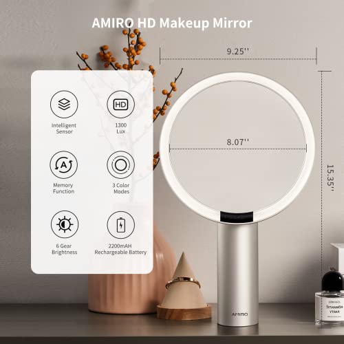 AMIRO 9" Lighted Makeup Mirror with Smart Sensor & Touch-Control, 3 Colors & 6 Brightness, Rechargeable & Cordless, Memory Function, Free Rotation, Gift for Woman - White - Image 6