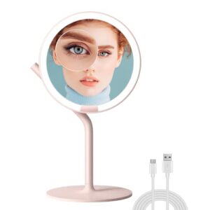 AMIRO Professional 8″ LED Lighted Makeup Mirror with 5-Level Brightness, with 5X Magnifying Small Mirror, Tabletop Rechargeable Cosmetic Mirror with Touch Control 180°Rotation