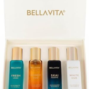 BellaVita Luxury Unisex Cologne Gift Set (4x20ml) | Fragrances Includes Honey OUD, SKAI, FRESH & White OUD | Travel Size Mini Perfumes & Spicy Vanilla Perfume Oil | Unisex Perfume for Women & Men