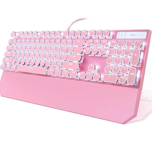 Camiysn Typewriter Style Mechanical Gaming Keyboard, Pink Retro Punk Gaming Keyboard with White Backlit, 104 Keys Blue Switch Wired Cute Keyboards, Round Keycaps for Windows/Mac/PC