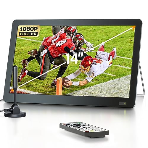 DESOBRY 14 inch Small TV with Antenna, Portable with ATSC Tuner, Rechargeable Battery Operated LCD Monitor 1080P,Built-in Stand,HDMI Input,USB,AV In,Supports Camping,Kitchen,Car