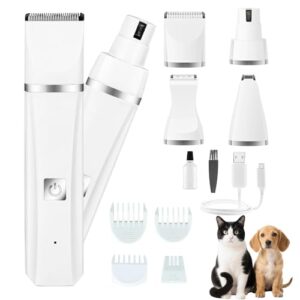Dog Grooming Clippers, Cordless Low Noise 4-in-1 Cat DogTrimmer for Grooming, Rechargeable USB Dog Paw Trimmer – Includes 4 Guide Combs Classic White