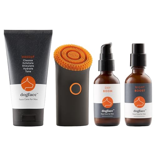 Dogface Deluxe Kit- Men’s Red Light Facial Brush, Silicone Bristles Exfoliate & Cleanse, Hyaluronic Acid Moisturizes & Hydrates, Retinol Night Serum- Technobrush, Wakeup Gel, Day Boom & Night Boost