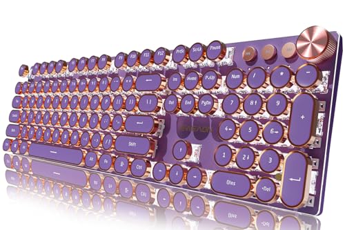 EWEADN Typewriter Style Mechanical Gaming Keyboard, Wired Mechanical Keyboards,104 Keys Backlit LED Keyboards, Media Control Knob, Wired Computer Keyboard Pink Switch for Windows/Mac/PC-Purple