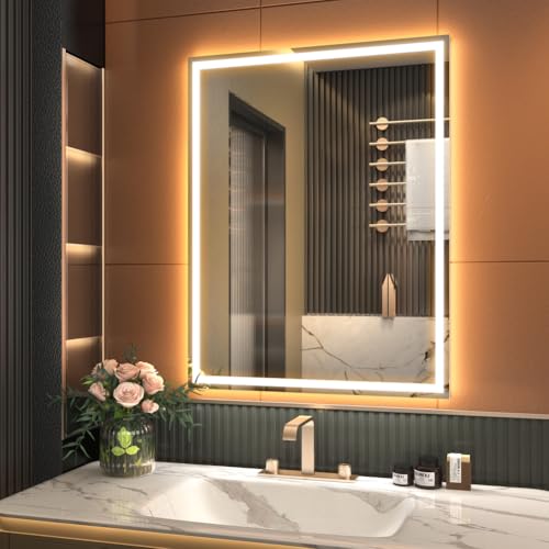 GANPE 28 x 36 inch LED Bathroom Mirror, Hand Wave Induction Vanity Mirror with Bluetooth, Illuminated Dimmable Anti Fog IP44 Waterproof+Vertical & Horizontal Wall Mounted Mirror