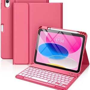 Hamile for iPad 11th 10th Generation Case with Keyboard – 7 Colors Backlit Wireless Detachable Folio Keyboard Cover with Pencil Holder for iPad 11-inch A16 2025 10th Gen 10.9 Inch 2022 (Pink)