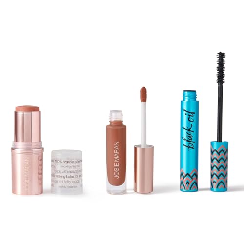 Josie Maran 3-Piece Color Makeup Kit – Argan Oil-Based Makeup Balm for Lips, Cheeks and Eyes, Hyaluronic Acid Lip Plumper & Argan Black Mascara (3 Piece Set)