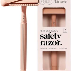 Kitsch Double Edge Safety Razors for Women and Men, Long Metal Handle and Stainless Steel Single Blade Razor with 5 Double Edge Refills, for Shaving and Travel Essentials – Terracotta