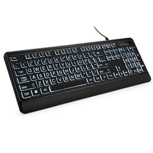 Large Print Backlit Keyboard, USB Wired Computer Keyboard, Full Size Keyboard with White Illuminated LED Compatible for Windows Desktop, Laptop, PC, Gaming, Black