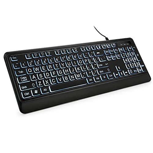 Large Print Backlit Keyboard, USB Wired Computer Keyboard, Full Size Keyboard with White Illuminated LED Compatible for Windows Desktop, Laptop, PC, Gaming, Black
