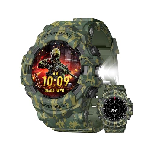MIDDOW Military Smart Watch with Flashlight (Answer/Make Call) Compass, Heart Rate/Sleep/Sports Tracker, IP68 Waterproof, Long Battery Life, HD Screen, Android & iOS (Camouflage Green)