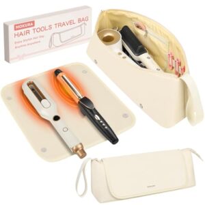 MOKURA Hot Hair Tools Travel Bag with Heat Resistant Mat Removable, Hair Accessories Organizer Case, Women Travel Essentials, Storage Pouch for Curling Iron Straightener Flat Iron Hair Dryer, Ivory