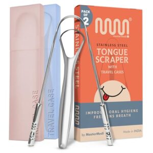 MasterMedi Tongue Scraper with Multicolor Cases (2 Pack), 100% Stainless Steel, Reduce Bad Breath, Easy to Use Tongue Scraper for Adults, Tongue Cleaner for Oral Care & Hygiene