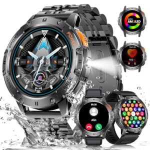 Military Smart Watches for Men with LED Flashlight,3 Straps,1,43” AMOLED Smartwatch for Men with 530mAh Battery,5ATM Waterproof Fitness Tracker Smart Watch with Answer/Make Call iOS Android
