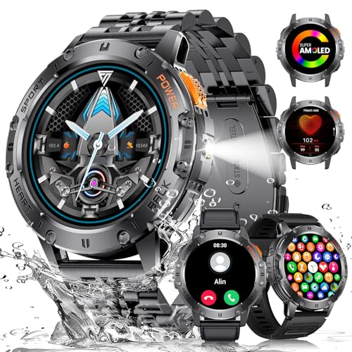 Military Smart Watches for Men with LED Flashlight,3 Straps,1,43” AMOLED Smartwatch for Men with 530mAh Battery,5ATM Waterproof Fitness Tracker Smart Watch with Answer/Make Call iOS Android