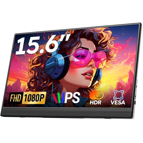 Portable Monitor 15.6″ 1080P FHD HDR IPS | Built-in Stand, USB-C/HDMI, VESA & Speakers | Ultra-Slim Travel Design, Plug & Play for Laptop, Mac, PS5, Xbox & Switch
