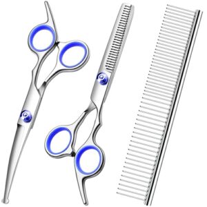 Professional Dog Grooming Scissors Kit, Titanium Coated Dog Scissors for Grooming, Grooming Shears Kit – Thinning, Curved Scissors and Comb for Dog Cat Pet (Blue 4 in 1)