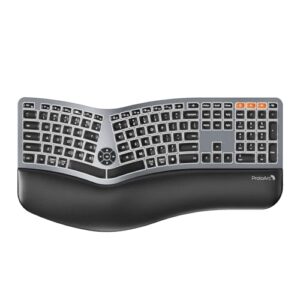 ProtoArc Backlit Bluetooth Ergonomic Keyboard, EK01 Plus Full Size Wireless Split Keyboard with Dual Bluetooth and USB, Cushioned Wrist Rest, Rechargeable, Compatible with Windows/Mac/Android, Grey