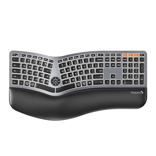 ProtoArc Backlit Bluetooth Ergonomic Keyboard, EK01 Plus Full Size Wireless Split Keyboard with Dual Bluetooth and USB, Cushioned Wrist Rest, Rechargeable, Compatible with Windows/Mac/Android, Grey