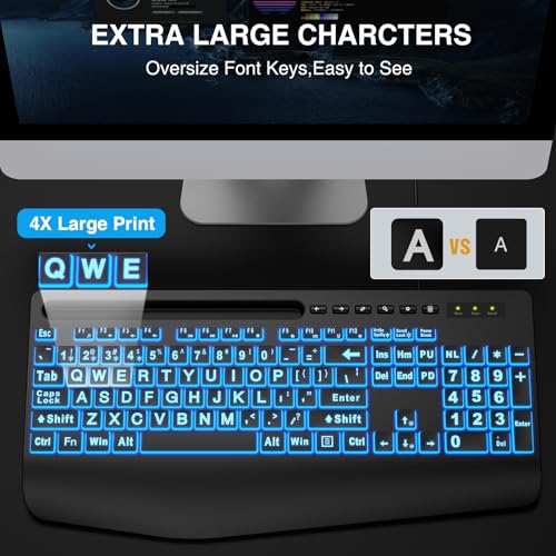 SABLUTE Large Print Backlit Keyboard, Wired USB Computer Keyboards with 7-Colors Backlight, Wrist Rest, Phone Holder, Oversized Letter Keys Easy to See and Type for Laptop, PC, Windows, Black - Image 3