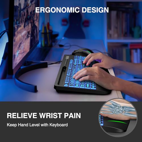 SABLUTE Large Print Backlit Keyboard, Wired USB Computer Keyboards with 7-Colors Backlight, Wrist Rest, Phone Holder, Oversized Letter Keys Easy to See and Type for Laptop, PC, Windows, Black - Image 4
