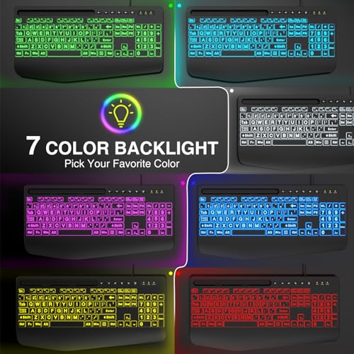 SABLUTE Large Print Backlit Keyboard, Wired USB Computer Keyboards with 7-Colors Backlight, Wrist Rest, Phone Holder, Oversized Letter Keys Easy to See and Type for Laptop, PC, Windows, Black - Image 7